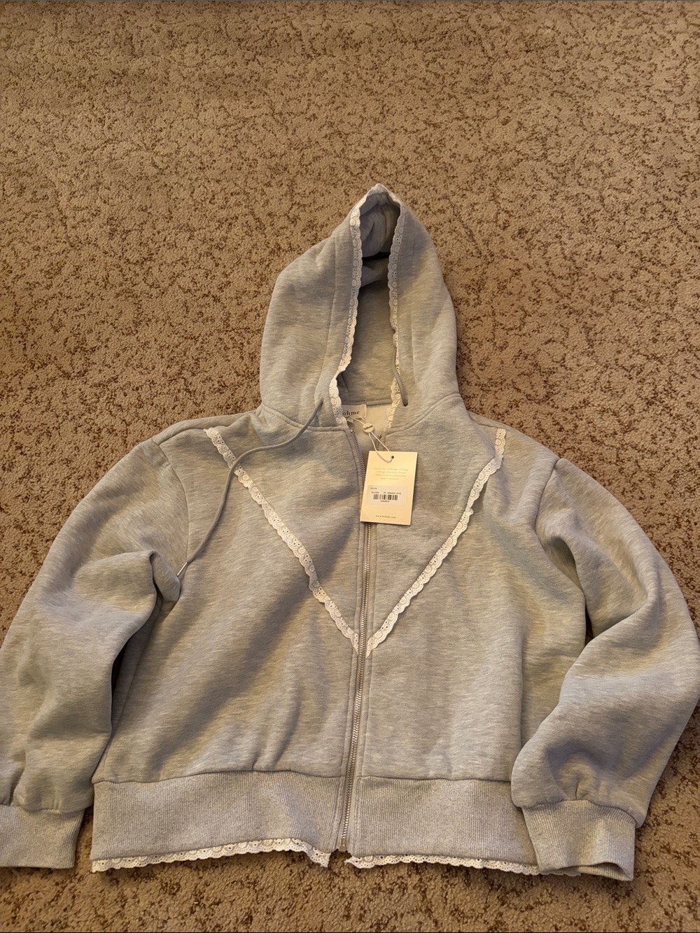 bohme Light Gray Lace-Trim Hooded Zip Sweatshirt